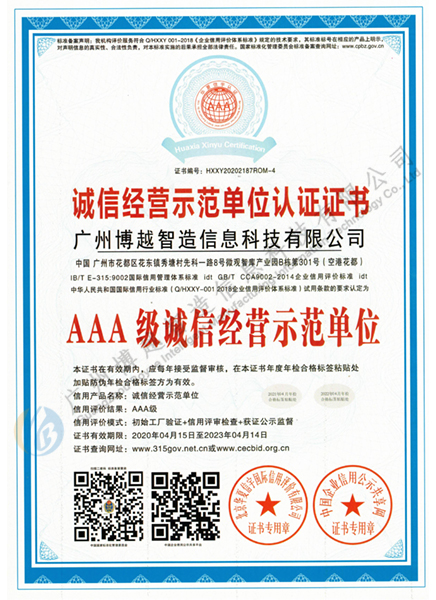 AAA级诚信经营示范单位认证证书