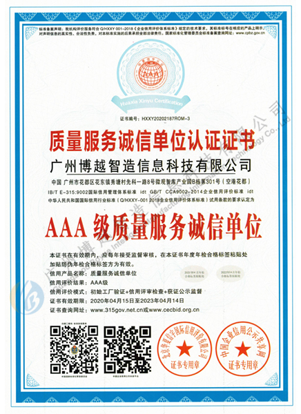 AAA级质量服务诚信单位认证证书